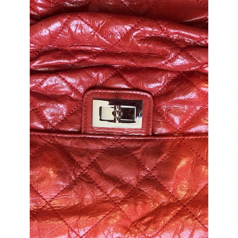 Red Quilted Stitched Fold Over Shoulder Bag Silver Hardware Double Handled Purse